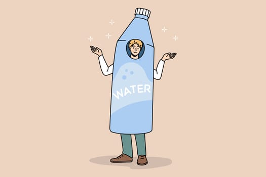 Smiling man dressed in water bottle advertise recommend healthy lifestyle. Happy male in costume in mineral aqua advertisement. Ad, body refreshment, hydration concept. Vector illustration.