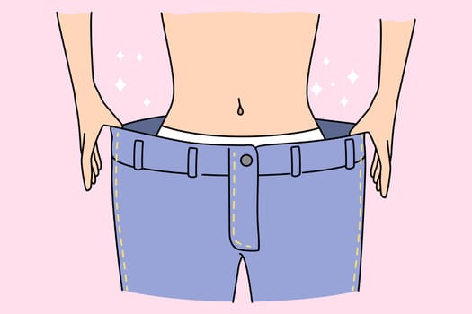 Fit slim woman in loose big pants show results of diet or sport activities. Toned skinny female demonstrate thin waist after losing weight. Wellness, healthcare concept. Flat vector illustration.