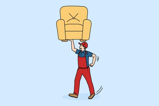 Happy man porter in workwear carry chair engaged in moving or relocation. Smiling loader move stuff relocate house or apartment. Delivery service concept. Flat vector illustration.