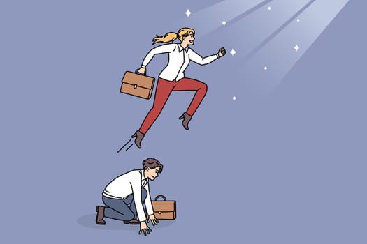 Motivated businesswoman jump over male colleague back reaching business career goal. Confident woman worker approach purpose aim use coworker as stepping stone. Success concept. Vector illustration.