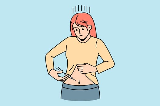 Sick woman make insulin injection in belly suffer from diabetes. Unhealthy unwell female apply inject medication with syringe. Healthcare concept. Vector illustration, cartoon character.