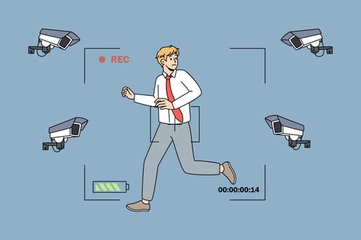 Anxious young businessman run stressed with cameras fixing following him. Worried unhappy man employee distressed panic with photo cam shoot moves. Privacy lack concept. Vector illustration.