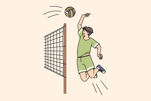 Young sporty man in sportswear play volleyball throw ball over net. Guy player engaged in game activity follow healthy lifestyle. Sport, athlete concept. Vector illustration, cartoon character.