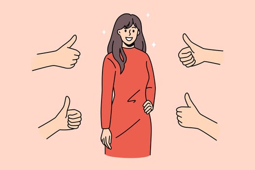 Smiling young woman get likes of subscribers, feel popular in social media. Happy millennial girl receive acknowledgment and public approval. People give thumbs up. Recognition. Vector illustration.
