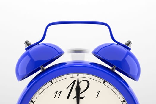 Ringing alarm clock. Blue table shelf vintage clock on white background. 3D illustration