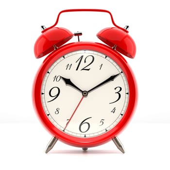 Alarm clock on white background with shadow. Vintage style red color clock with black hands.