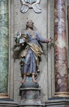 Saint Joseph, statue on the altar of the Immaculate Conception in the Franciscan Church of St. Peter in Cernik, Croatia