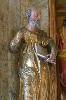 Saint Peter, statue on the altar of the Holy Trinity in the parish church Visitation of the Virgin Mary in Vinagora, Croatia