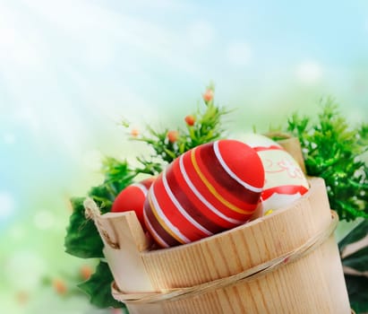 Easter eggs in wooden basket