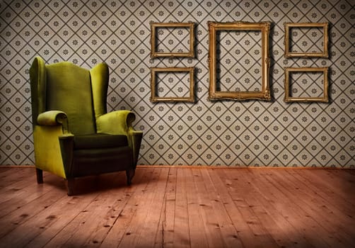 Vintage room with wallpaper and old fashioned armchair