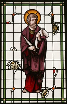 Saint Luke the Evangelist, stained glass window in the Church of Saint Anne in Bjelovar, Croatia