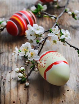 Easter eggs and cherry blossom on wooden plank