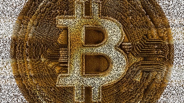 Pixel waves pulsing in 3d render ecurrency logo. Digital investment sign with commercial web mining and investments. Online payment in cryptocurrency trading and business.