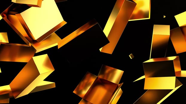 Gold 3d render packages for delivery are falling down on empty background. Logistics of goods in container to warehouse. Parcel storage and transportation business.