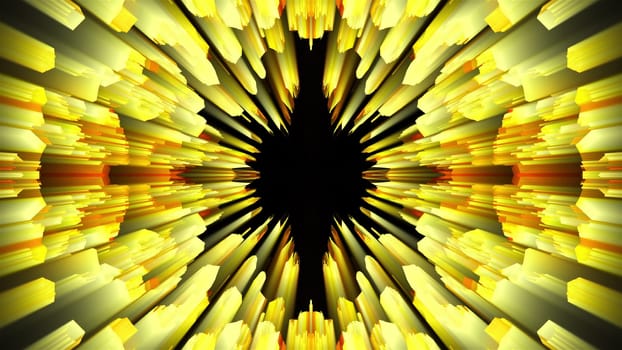 3D rendering radiation from the center of golden flickering particles on a black background, computer generated abstract background