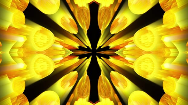 3D rendering radiation from the center of golden flickering particles on a black background, computer generated abstract background