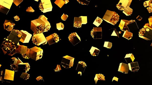 Gold 3d render packages falling down against blank background. Modern festive decor for christmas new year birthday and other holidays. Surprise for loved ones.