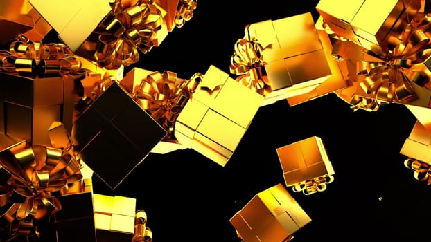 Gold 3d render packages falling down against blank background. Modern festive decor for christmas new year birthday and other holidays. Surprise for loved ones.