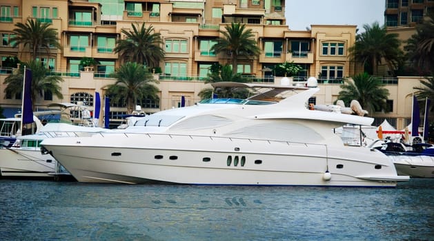 Luxury boat docked in Dubai Marina
