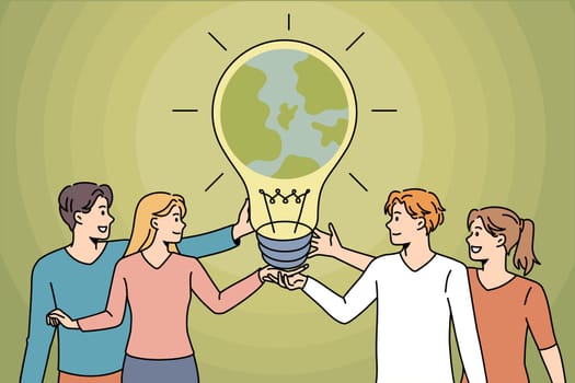 Diverse people hold lightbulb with planet earth inside show care for environment. Happy men and women demonstrate world protection. Eco-friendly lifestyle concept. Flat vector illustration.