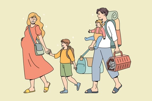 Young family with kids carry personal belongings ready for summer vacation. Happy father, pregnant mother and children ready for travel. Season holiday, tourism concept. Leisure activity.