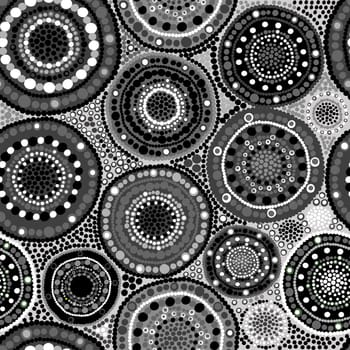 Black and white seamless ethnic pattern with round shapes made of dots