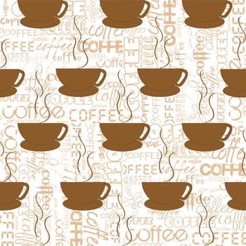 Coffee seamless pattern with cups over coffee lettering background