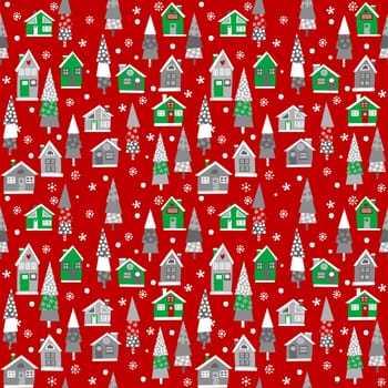 Christmas seamless with houses and trees over red background