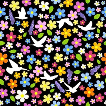 Colorful seamless with flowers and birds