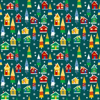 Christmas seamless background with houses and trees