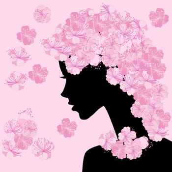 Girl profile with cherry flowers background