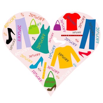 Sale background with heart made from clothes and accessories