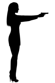 Silhouette of a beautiful sexy woman shoot the gun isolated on white background