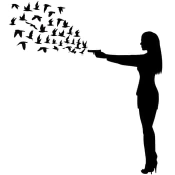 Silhouette of a beautiful sexy woman shoot the gun and birds coming out of the gun