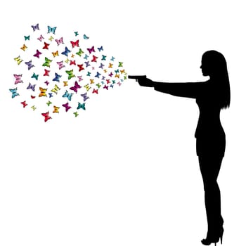Silhouette of a beautiful sexy woman shoot the gun and colorful butterflies coming out of the gun