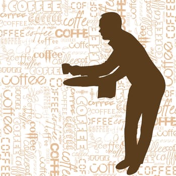 Silhouette of waiter serving a  cup of coffee over a background with terms about coffee