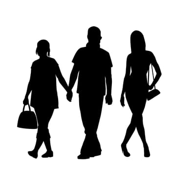 Silhouettes of unfaithful man holding hand of his  girlfriend and gazing after another girl who walked by them