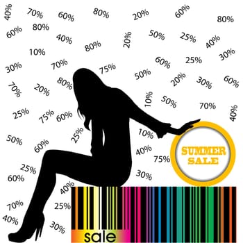 Summer sale advertising illustration with woman sitting on bar code