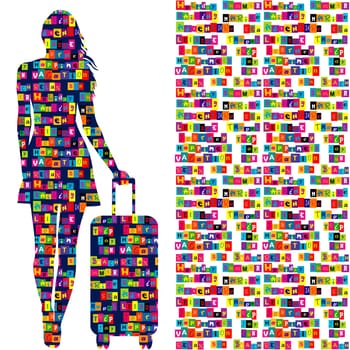 Travel background with a woman holding a trolley luggage and words related to the holiday