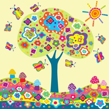 Whimsy spring background with flower tree, mushrooms and butterflies