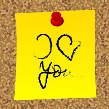 Yellow post it with the message i love you caught on the cork board