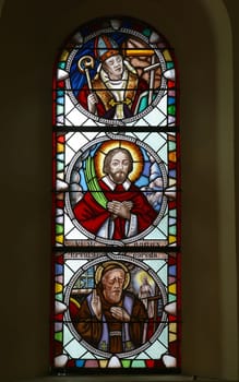 Blessed Agostino Casotti, Saint Marko Krizin and Saint Leopold Mandic, stained glass window in the church of Exaltation of the Holy Cross in Kravarsko, Croatia