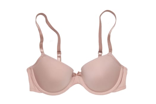 Bra isolated. Closeup of beautiful female stylish flesh colored brassiere with straps isolated on a white background. Fashionable sexy women underwear.
