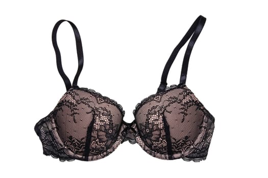 Bra isolated. Closeup of beautiful female stylish brown black bra with laces and straps isolated on a white background. Fashionable sexy women underwear.