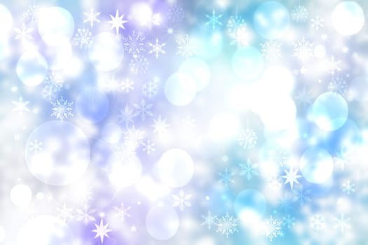 Abstract blurred festive light blue pink winter christmas or Happy New Year background with shiny blue and white bokeh lighted snowflakes and stars. Space for your design. Card concept.