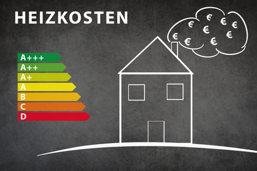 Drawing of a house on a chalkboard, Euro symbol in the cloud, power consumption grafic, heating costs, green technology, german language