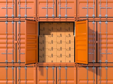 Ship cargo container side view with open doors, full with cardboard boxes. Brown freight box background. Marine logistics, harbor warehouse, customs, transport shipping concept. 3D illustration