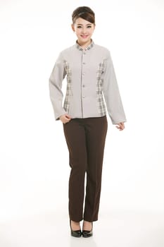 In a variety of occupation clothing cleaners stand in front of a white background