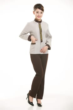 In a variety of occupation clothing cleaners stand in front of a white background