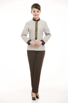 In a variety of occupation clothing cleaners stand in front of a white background